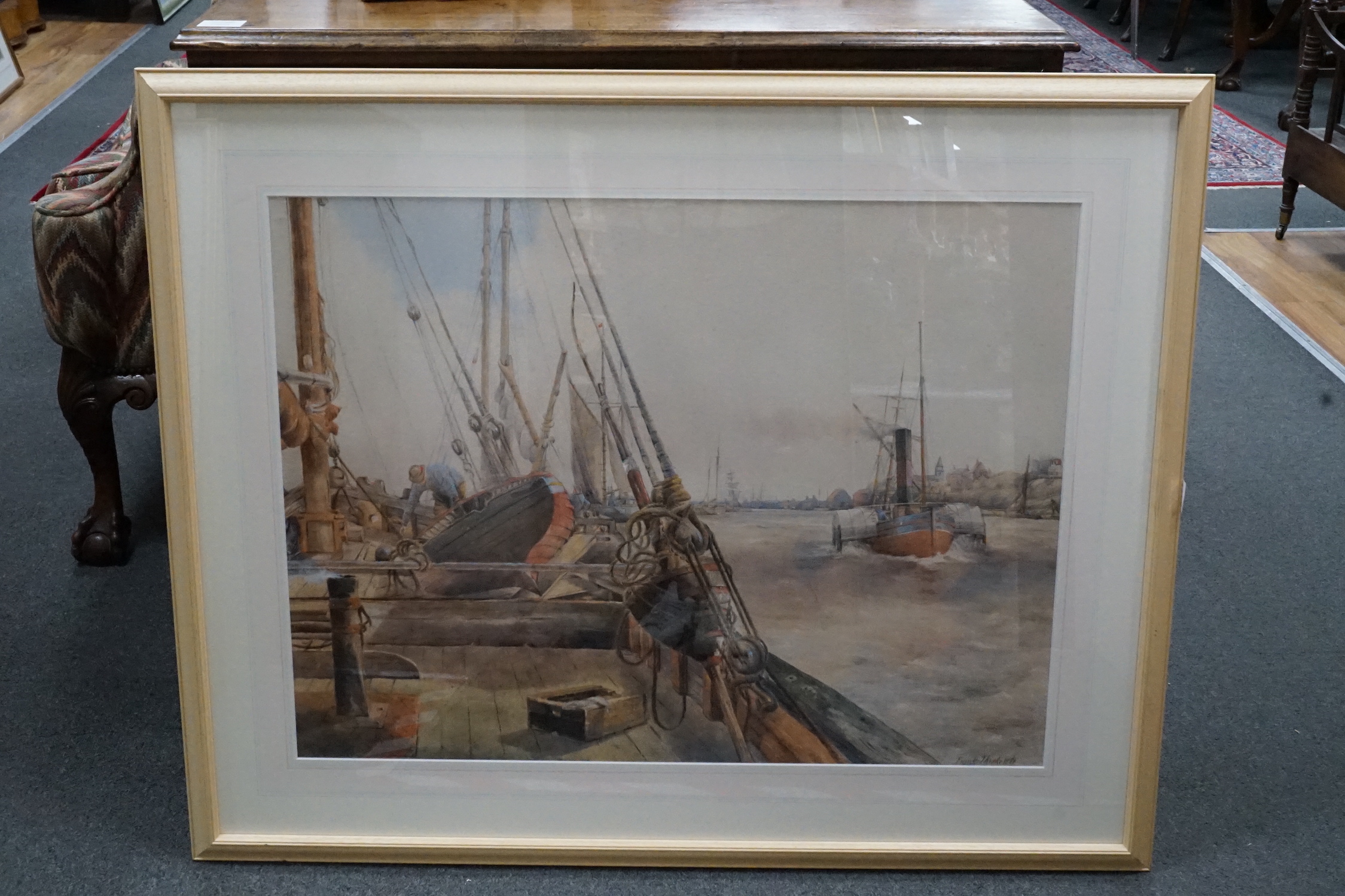 Robert Frank Thirkettle (1849-1916), watercolour, Paddle-steamer viewed from the deck of another ship, signed, 56 x 75cm